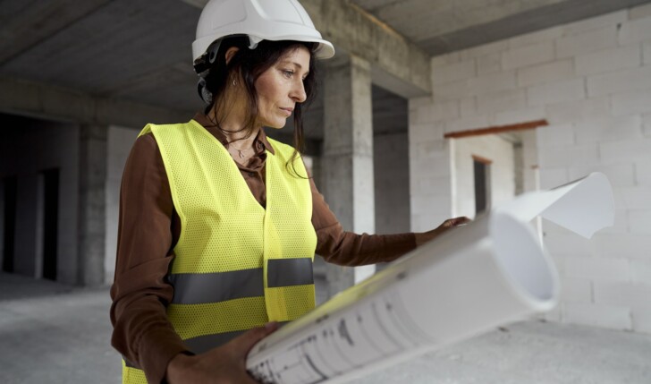 Female mature caucasian engineer standing on construction site and browsing building plans